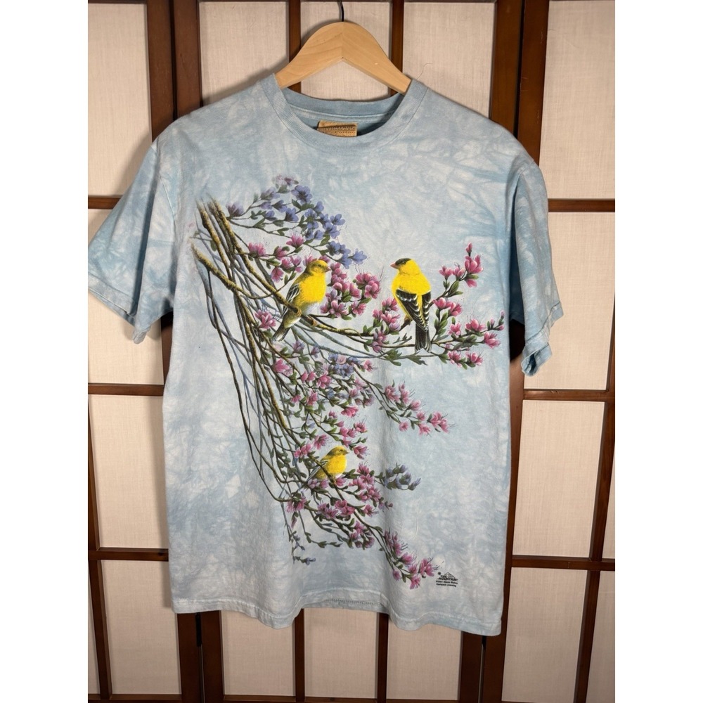 VTG The Mountain 2001 Tee M Tie-Dye Goldfinch Bird Blossom Aviary Blue Cotton